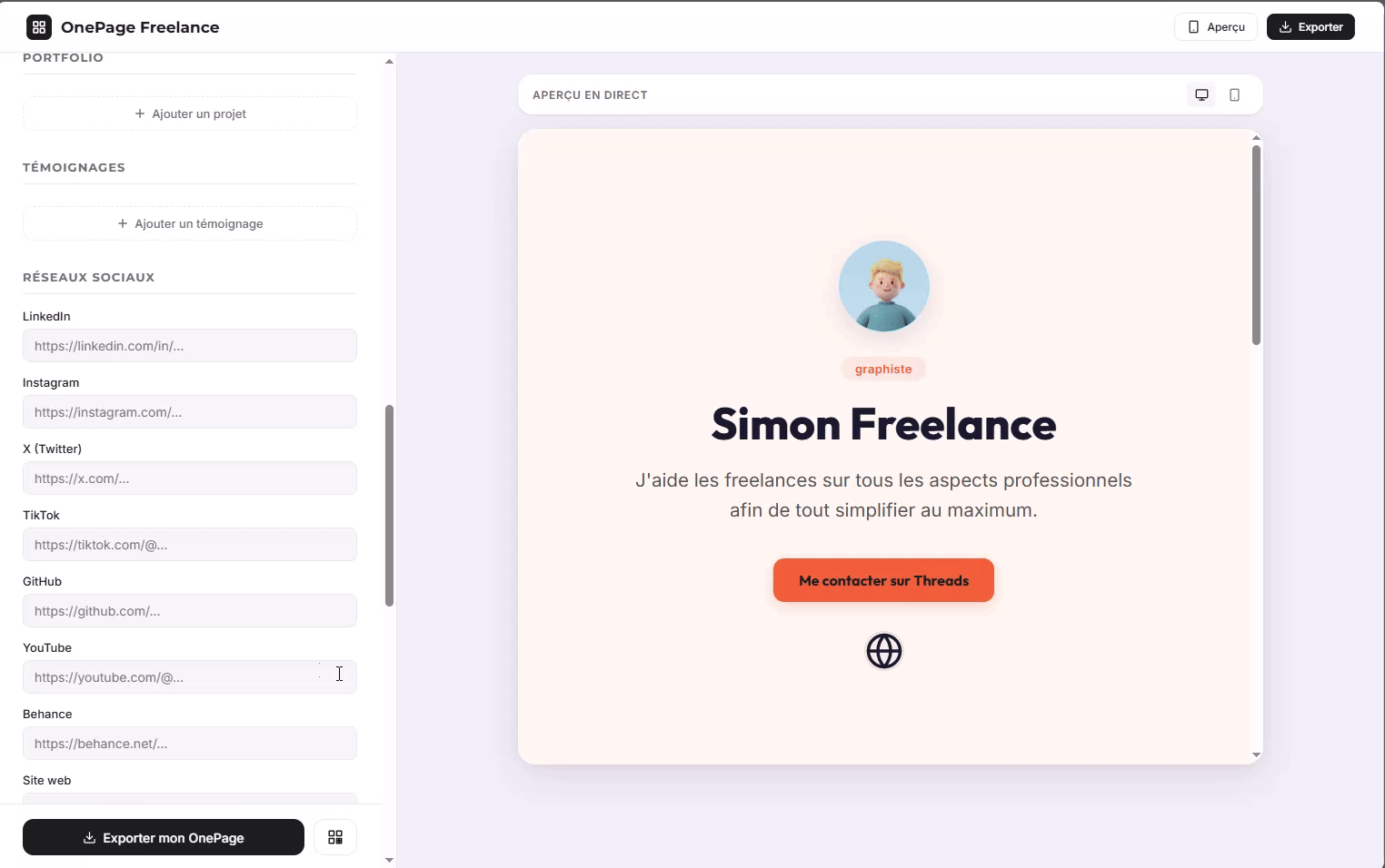 Démonstration du builder OnePage Freelance