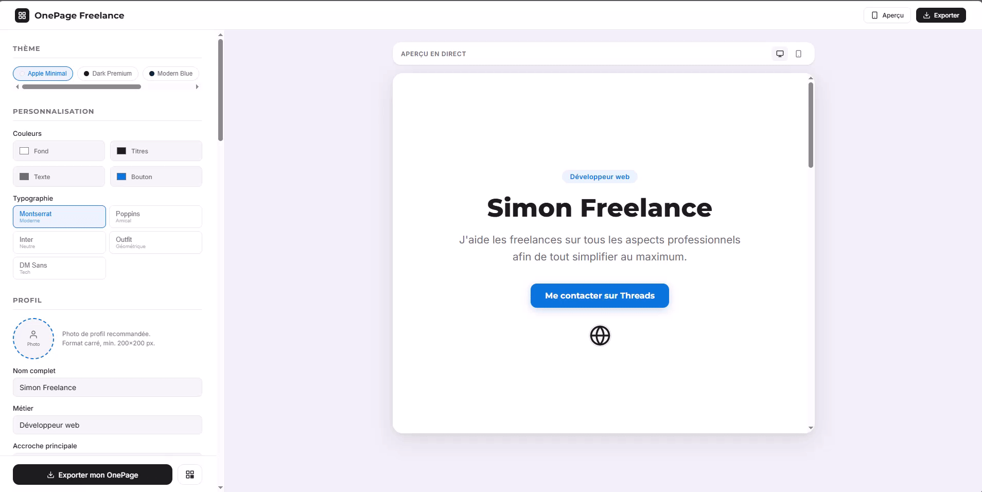 Personnalisation et export OnePage Freelance